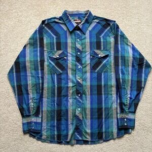 Wrangler Shirt Mens XL Blue Green Plaid Western Pearl Snap LS Cowboy Vtg 80s 90s